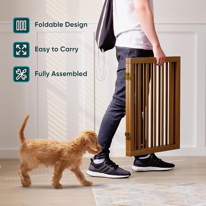 Semiocthome Dog Gate Indoor 2-Panel Freestanding Puppy Gates for The House with 2 Metal Stands 24" H Folding Wood Pet Gate for Stairs Doorway, Fully Assembled Safety Fence - Walnut