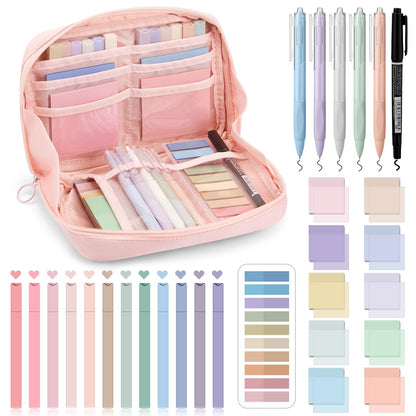 Jutom 39 Pcs Aesthetic Book Annotation Kit Highlighter with Case Bag Gel Pen Transparent Sticky Note Taking Bible Supplies(Pink,Kawaii Style)