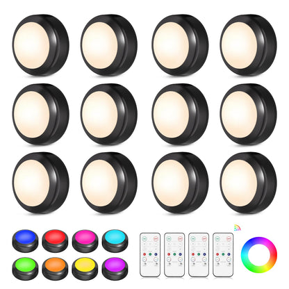 Ahuledlight LED Puck Lights with Remote Control, 16 Color Changing Wireless Under Cabinet Lighting with Dimmer & Timer, AAA Battery Operated,Under for Closet Bedroom Kitchen, Stair (12 Pack Black)