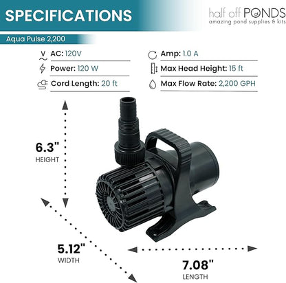 HALF OFF PONDS Submersible Water Pump, 2,200 GPH Pond Pump with 20FT Power Cord and 15FT Max Head, 120W Ultra Quiet Energy Efficient Pump for Koi Pond, Fountain, Waterfall, Water Garden, Skimmer