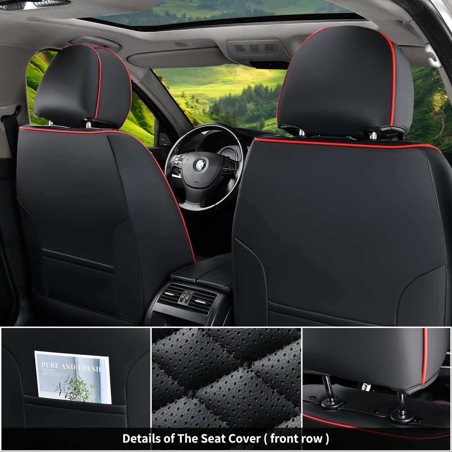 Coverado Seat Covers Full Set, Waterproof Nappa Leather Seat Covers for Cars, 5 Seats Universal Car Seat Protectors, Black Car Seat Covers Car Seat Cushions Fit for Most Cars (Black&Red)