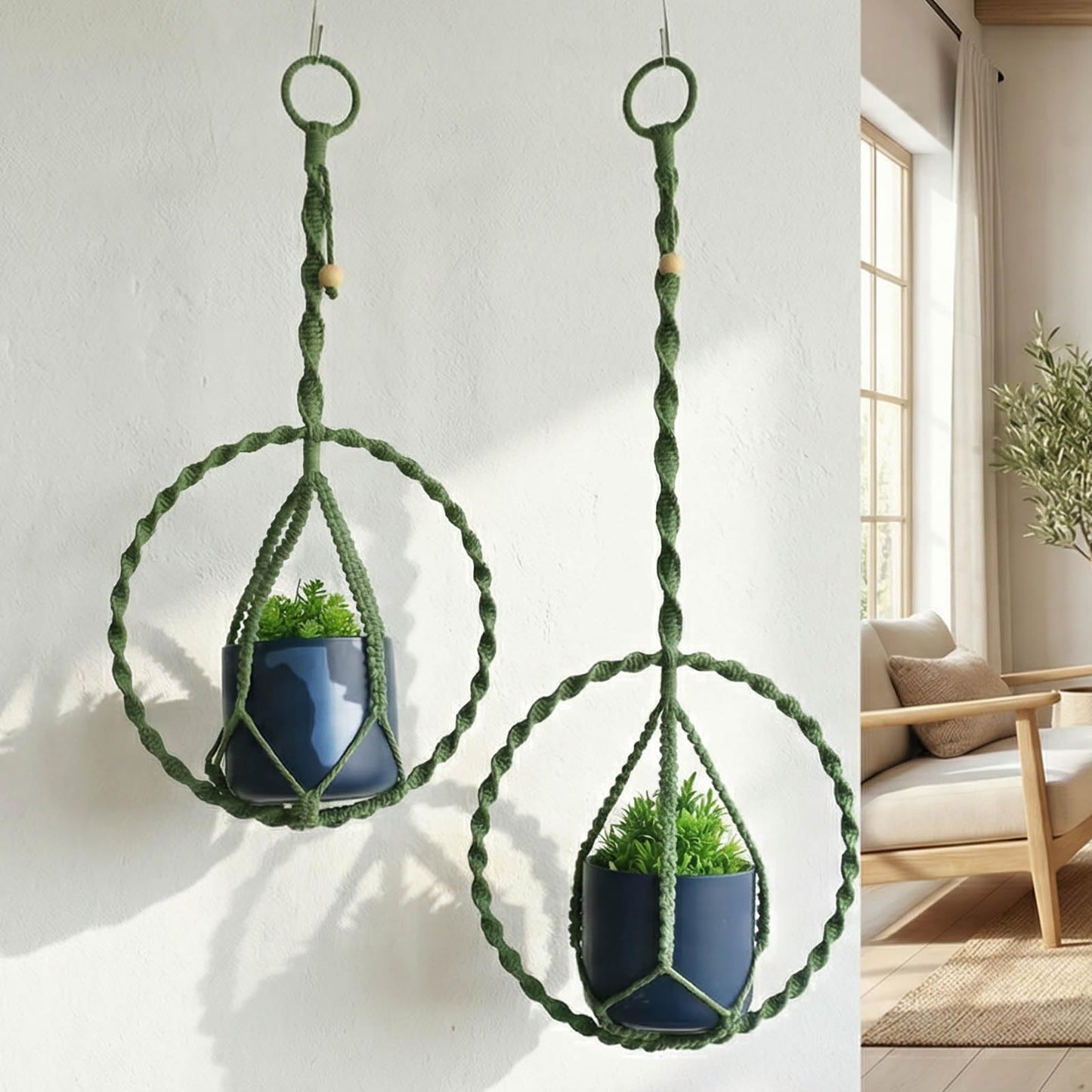 Macravine 2-Pack Handcraft Plant Hanger with Circular Ring, Hobo Art Planter Holder for Window, Macrame Plant Hanging Round, 2 Size 11.8"*23.6, 11.8 * 31.5", Green Color （No Pot and Plant Included