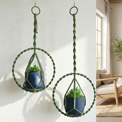 Macravine 2-Pack Handcraft Plant Hanger with Circular Ring, Hobo Art Planter Holder for Window, Macrame Plant Hanging Round, 2 Size 11.8"*23.6, 11.8 * 31.5", Green Color （No Pot and Plant Included