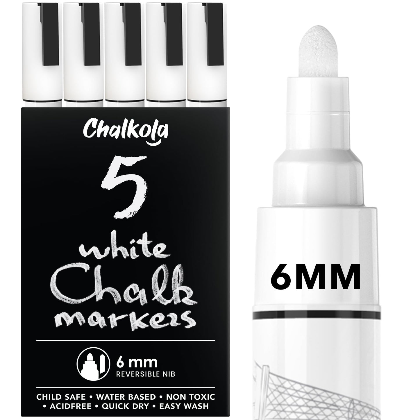 Chalkola White Chalk Markers for Blackboard, Chalkboard Sign, Window, Bistro, Car, Glass (5 Pack 6mm) - Liquid Chalkboard Markers Erasable - Paint Chalk Pens Washable Ink Reversible Tip