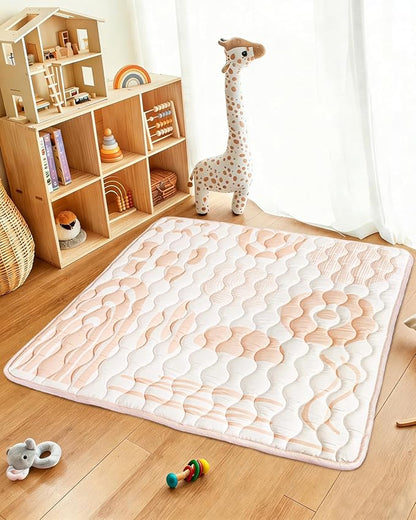 Baby Play Mat, 50x50 Mat with Super Soft Touch, Activity Mat with Upgraded Anti-Slip Bottom, Machine Washable Crawling Mat for Floor & Picnic(Beige Line)