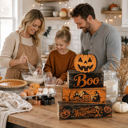 4 Pcs Halloween Decorations Scary Pumpkin Wooden Signs Farmhouse Rustic Tiered Tray Decor Boo Happy Halloween Tabletop Centerpiece for Home Kitchen Shelf Mantel