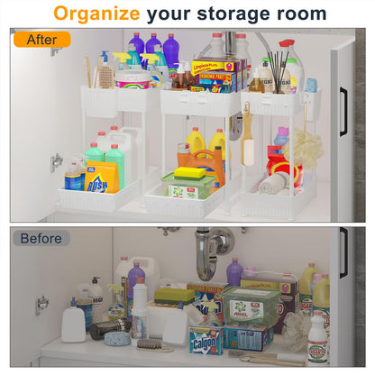 3 Pack Under Sink Organizers, 2-Tier Multi-Use Kitchen and Bathroom Organizers and Storage with Sliding Drawers，Bathroom Cabinet Organizer (Black, 12.8 Inch)