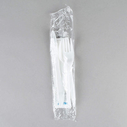 250 White Plastic Cutlery Packets - Knife Fork Spoon Napkin Salt Pepper Sets, Individually Wrapped Disposable Silverware