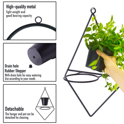 HemePaha Geometric Wall Planters for Indoor Plants Set of 3 Black Metal Wall Mounted Plant Holder (Diamond & Oval & Round Shapes) with 5 Inch Flower Pots, Modern Hanging Planters for Indoor Decor