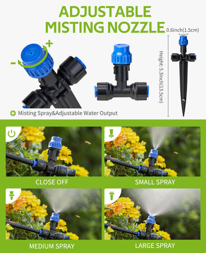 HIRALIY 59FT Greenhouse Misting Drip Irrigation Kit, Quick Connector Design, Irrigation System with 1/4" Tubing and Adjustable Nozzles for Hanging Plants, Garden Watering System for Raised Bed