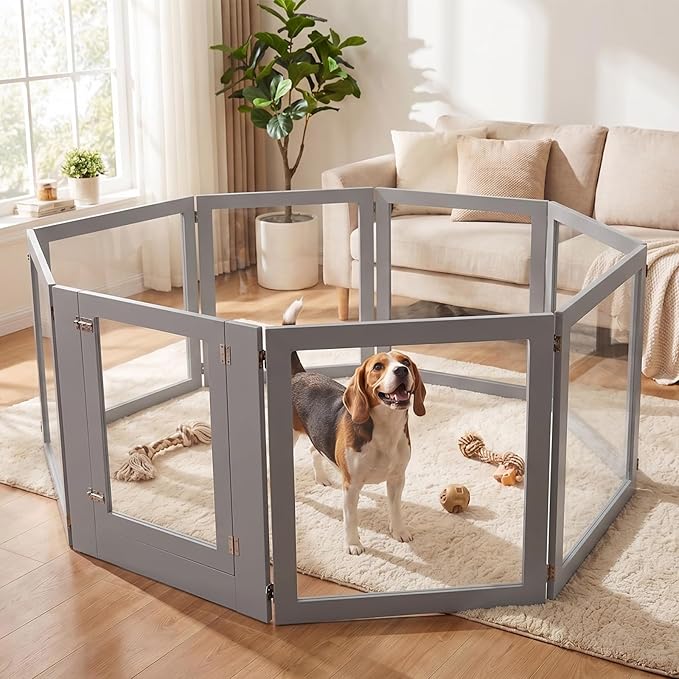 Heavy Duty Clear Acrylic Dog Playpen for Small/Medium Pets – 32" High Clear Pet Pen with Sturdy Metal Frame, Walk-in Kennel, Expandable Indoor & Outdoor Pet Play Yard (Grey, 8 Panels Including Door)