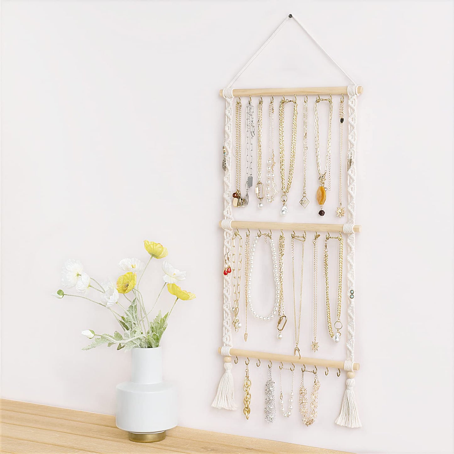 Dahey Hanging Jewelry Organizer Macrame Necklace Holder with 30 Hooks and Headband Holder with 30 Hooks Boho Decor for Baby Girls Room