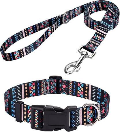 MarukoPet Dog Collar and Leash Set, Adjustable for Small Medium Large Dogs Puppy, Cute Design with Bohemia Floral Tribal Geometric Patterns Boys Girls Dog Collar(Black Bohemia Set,M)
