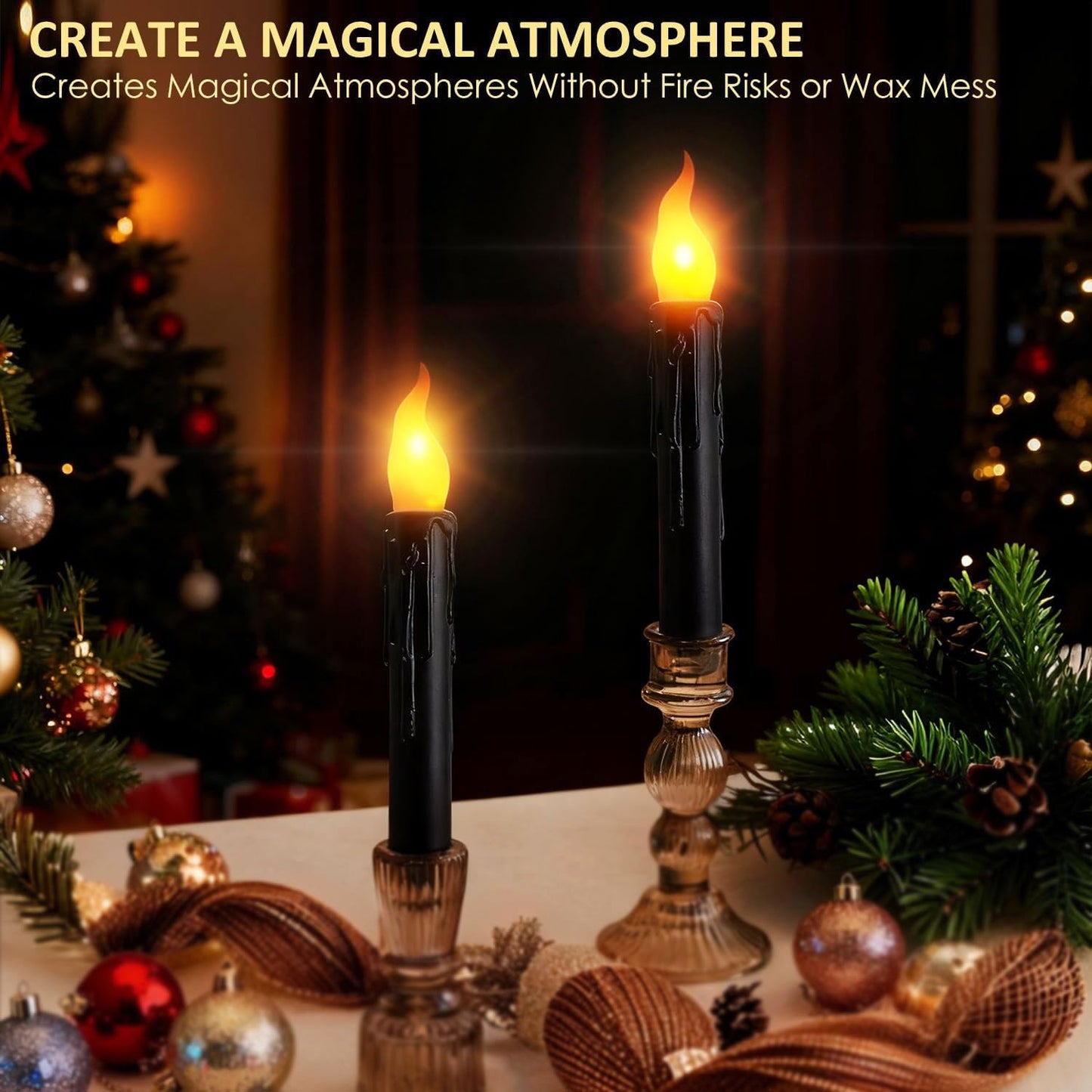 Floating Candles with Magic Wand Remote - 12 Pack Black Battery Operated Flickering Hanging Flameless LED Candle Lights,Realistic Taper Candles with String for Halloween,Christmas,Windows,Ceiling