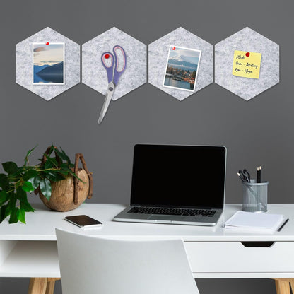 8 Packs Light Grey Hexagon Felt Pin Board, 12" Bulletin Board with 30 Push Pins, Felt Board for Home Kitchen Office Decor, Self-Adhesive Corkboard Tiles for Walls Message Photos Memos Display