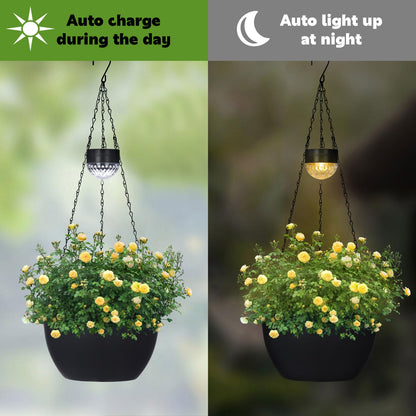 BAYN 2 Packs Solar Hanging Basket Planters for Plants Outdoor, Self Watering Black Flower Plants Pots with Solar Light Drainer for Balcony Patio Garden Outdoor Decoration