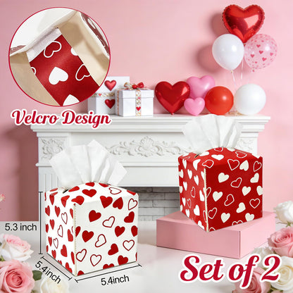 2 Pieces Valentine's Day Tissue Box Covers Red Heart PU Leather Tissue Box Cover Square Tissue Box Cover Holder for Home Bathroom Bedroom Office Table