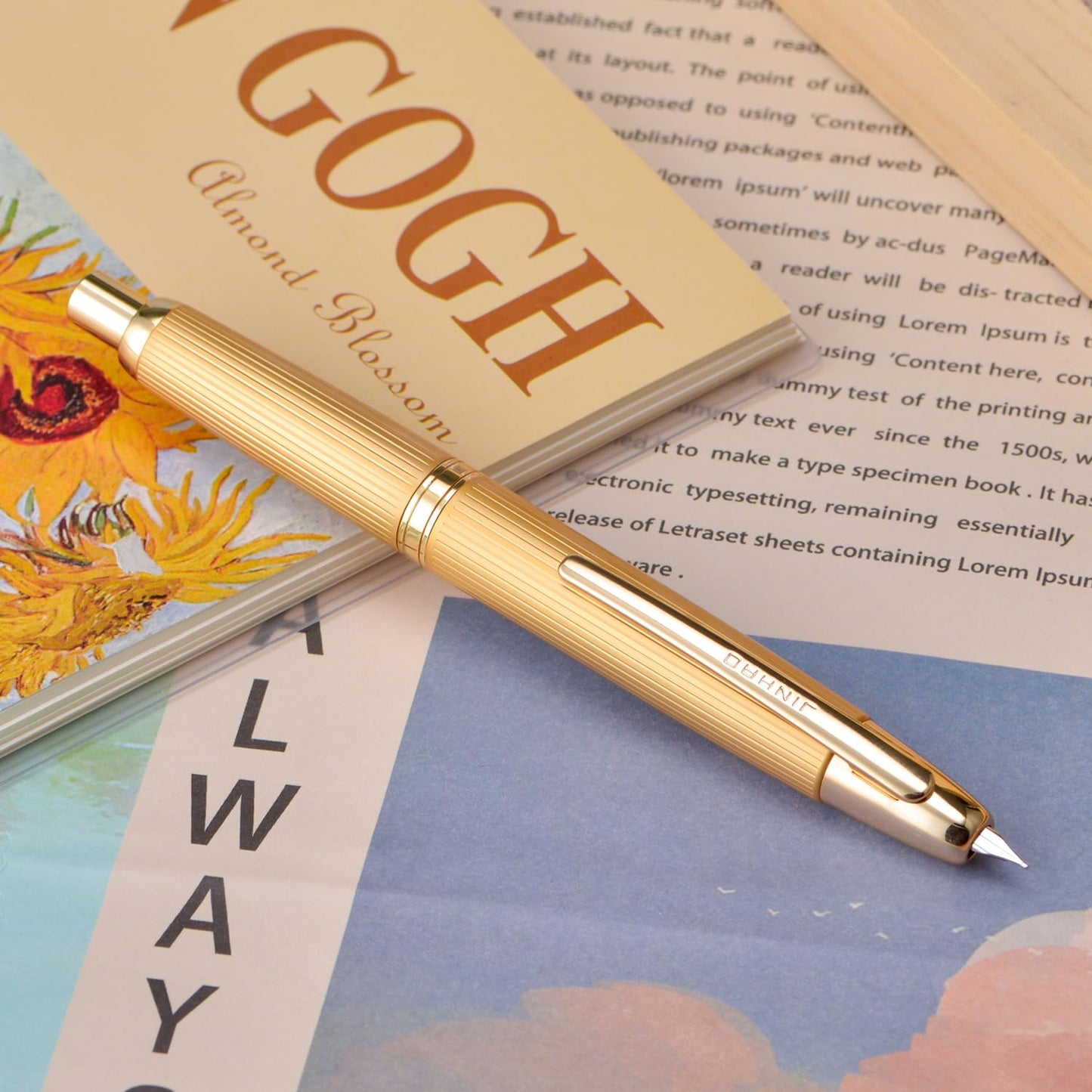 Jinhao 10 Press Fountain Pen with Box, Brushed Matt Gold Retractable Extra Fine Nib with Ink Converter Set (Golden Clip)