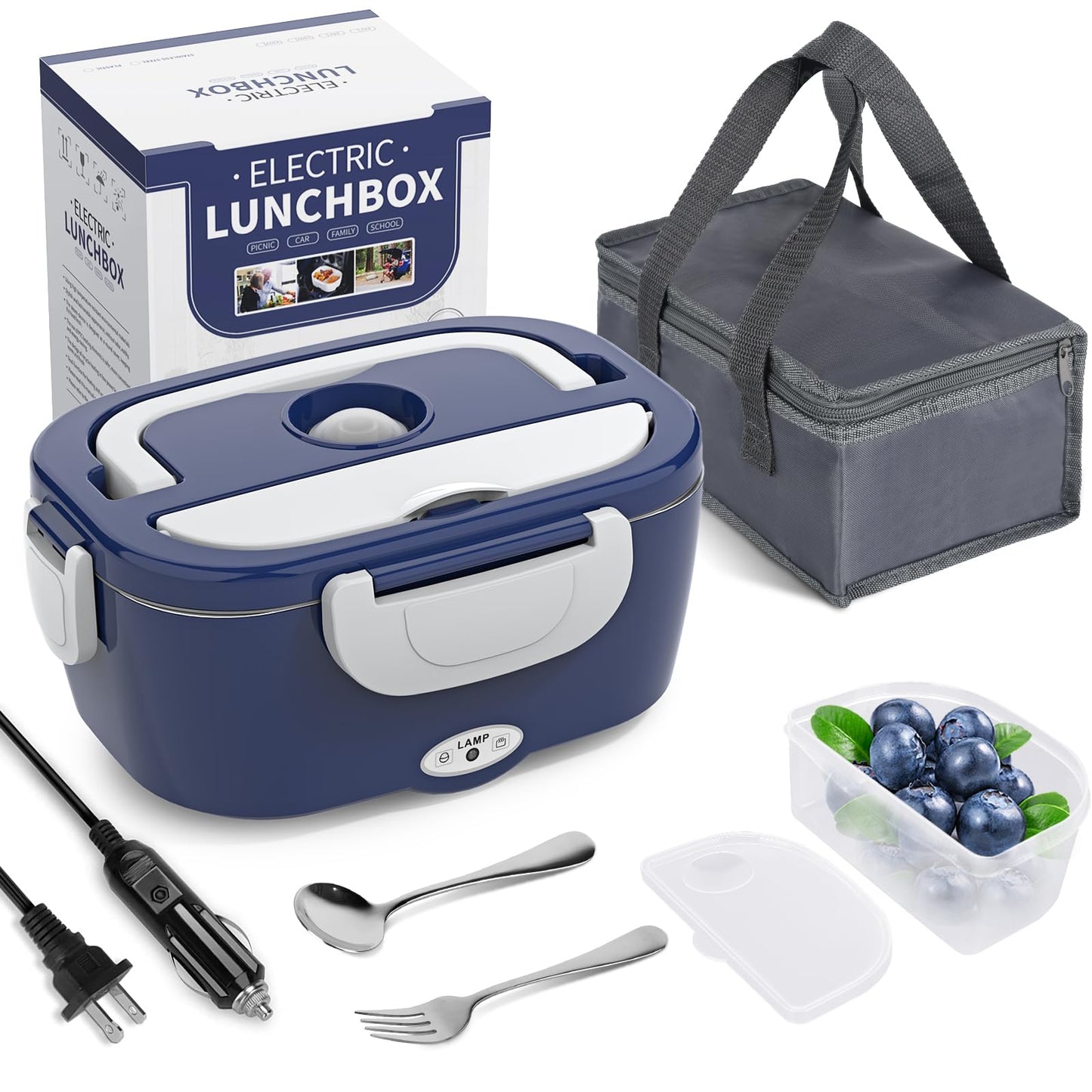 Electric Lunch Box Food Heater, 3 in 1 Ultra Quick Heated Lunch Boxes for Adults, 12V/24V/110V Portable Food Warmer for Car/Truck/Office With Fork Spoon and Insulated Carry Bag
