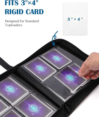 Top Loader Binder 4 Pocket for 144 Toploaders, Side Loading Toploader Binder for 3 x 4'' Rigid Cards with Zipper Closure, PU Leather Ringless 2x2 Card Binder for MTG/TCG/Sports/Games, Pink