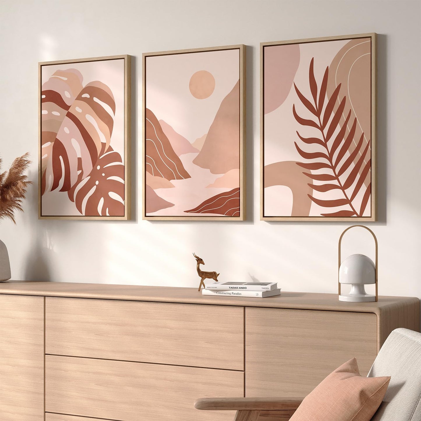 Framed Boho Sage Green Wall Art for Living Room, Large Mid Century Modern Tropical Leaf Canvas Artwork for Walls, 3 Piece Beige Orange Bohemian Wall Art Prints for Bedroom Kitchen Hallway, 16x24 Inch