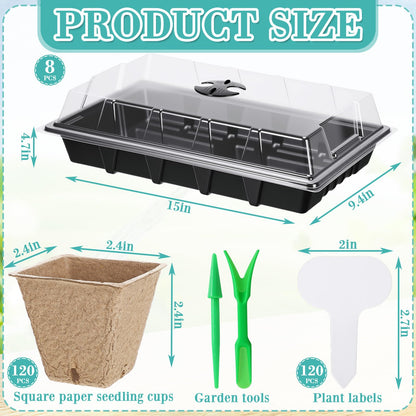 Baderke 8 Sets Seed Starter Tray Kit Including 120 Peat Pots for Seedlings 8 Plastic Growing Trays with Dome 120 Plant Labels and 4 Garden Tools for Outdoor Indoor Garden Plant