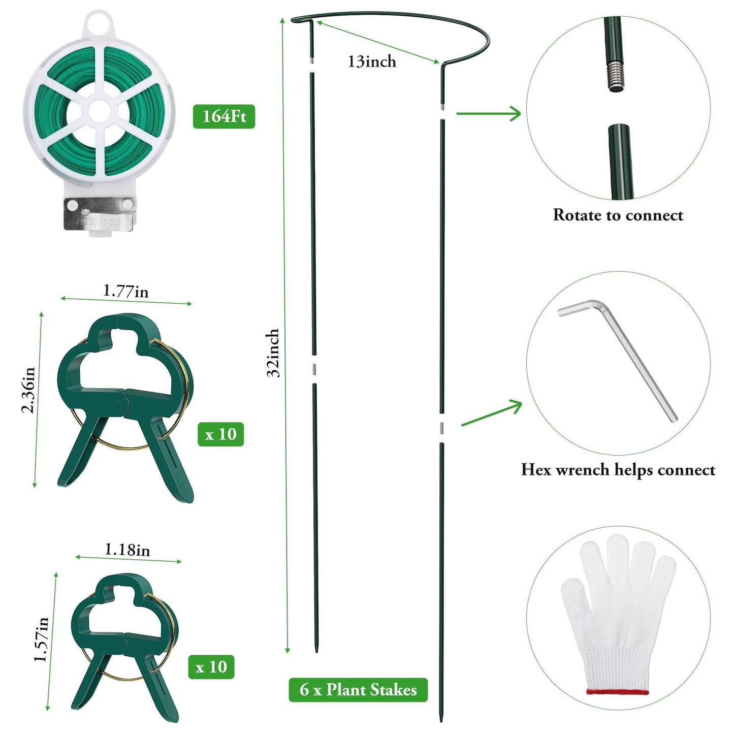 Unves 6 Pack Peony Cage, 32" H x 13" W Half Round Ring Metal Plant Support Stakes, Heavy Duty Peony Cages and Supports for Indoor Outdoor Plants, Vegetables and Flowers with Clips, Ties and Gloves