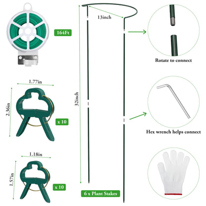 Unves 6 Pack Peony Cage, 32" H x 13" W Half Round Ring Metal Plant Support Stakes, Heavy Duty Peony Cages and Supports for Indoor Outdoor Plants, Vegetables and Flowers with Clips, Ties and Gloves