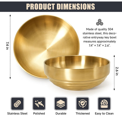 Philbinden 7.4" Gold Decorative Bowl Key Bowl Stainless Steel Fruit Bowl Modern Stylish Metal Centerpiece for Kitchen Counter, Key Catch All & Entryway Table Centerpiece