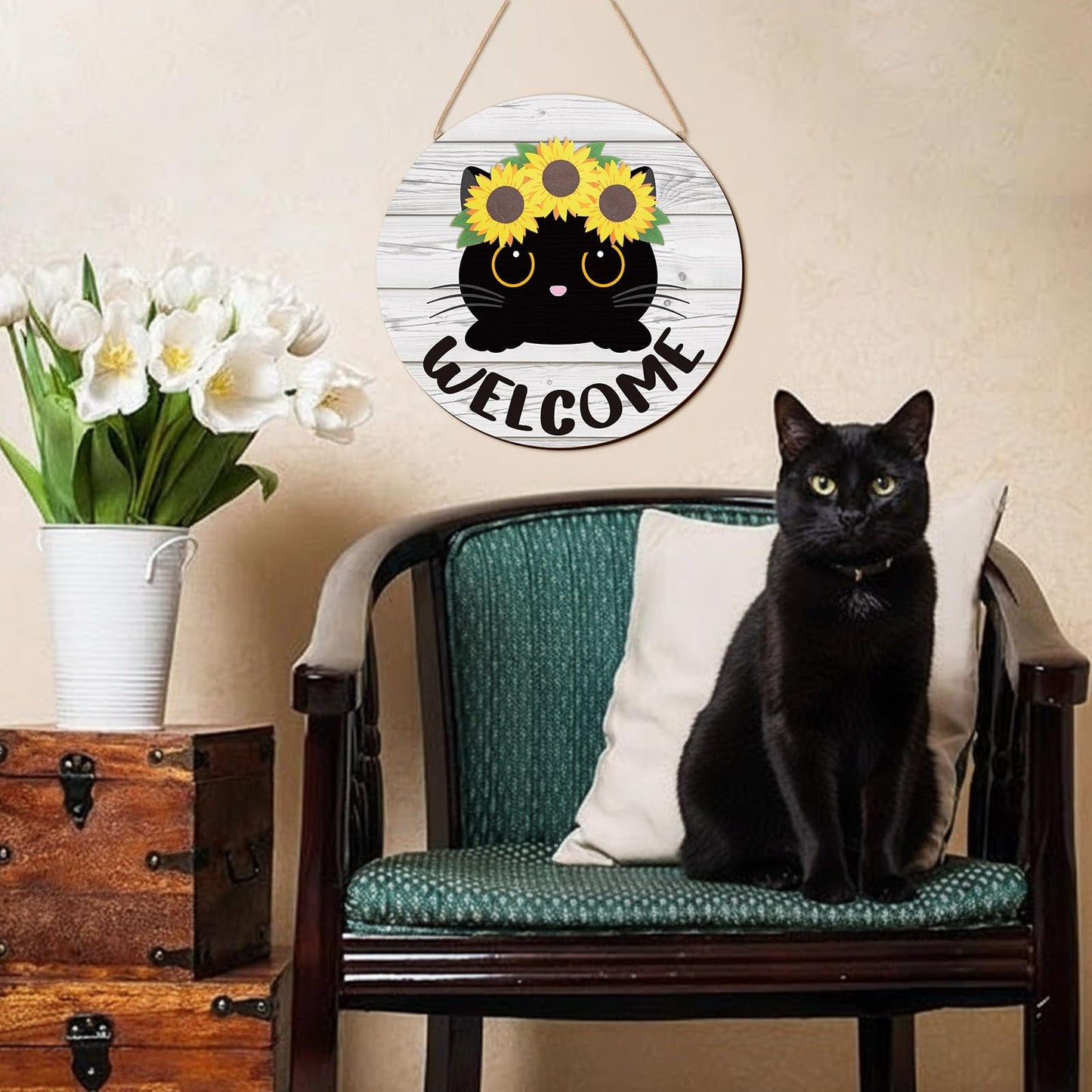 BrightRow Interchangeable Welcome Sign for Front Door with 4 Seasonal 15 Black Cat Headpieces, Wooden Farmhouse Outdoor Porch Sign with 4th of July Patriotic Decor for Cat Lovers, Housewarming Gift