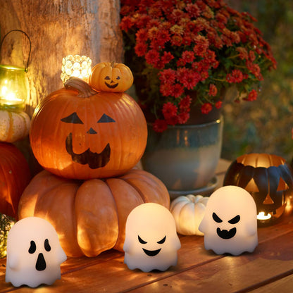 Lasumora Ghost Halloween Decorations Flameless Candles with Remote Timer, 6 Pack Grimace Ghost Candles, Battery Operated Halloween Lights Dimmable Halloween Decor Indoor