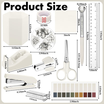 Marspark 12 Pcs Beige Office Supplies Desk Accessories Set Pen Holder Tape Dispenser Stapler Staple Remover Staples Tape Ruler Scissor Pen Sticky Note Index Tab Clips Set for School Office Home