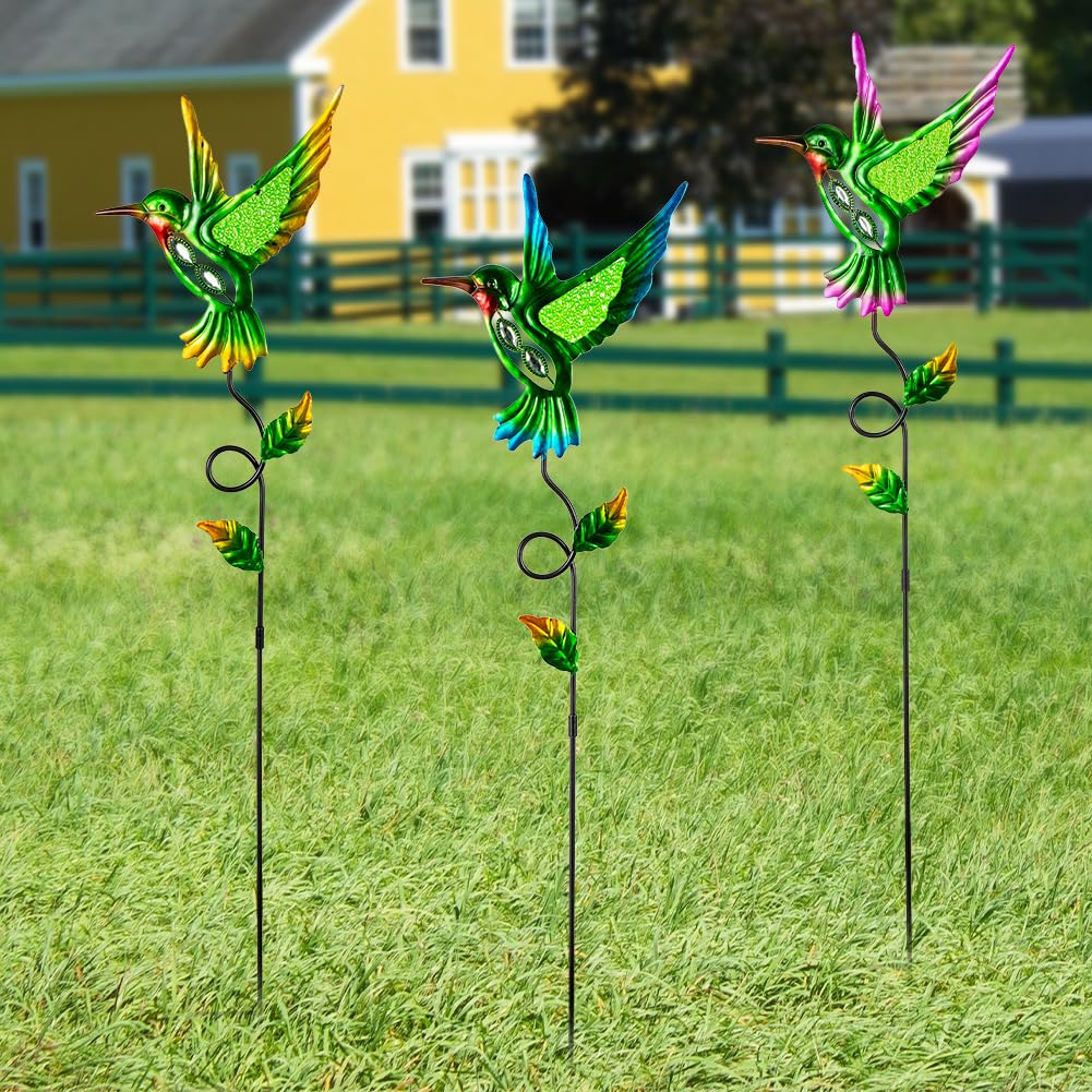 Venniy 3 Pcs Hummingbird Decorative Garden Stakes,Metal Yard Art for Lawn Pathway Patio Plant Pot Flower Bed Ornaments Spring Outdoor Decor