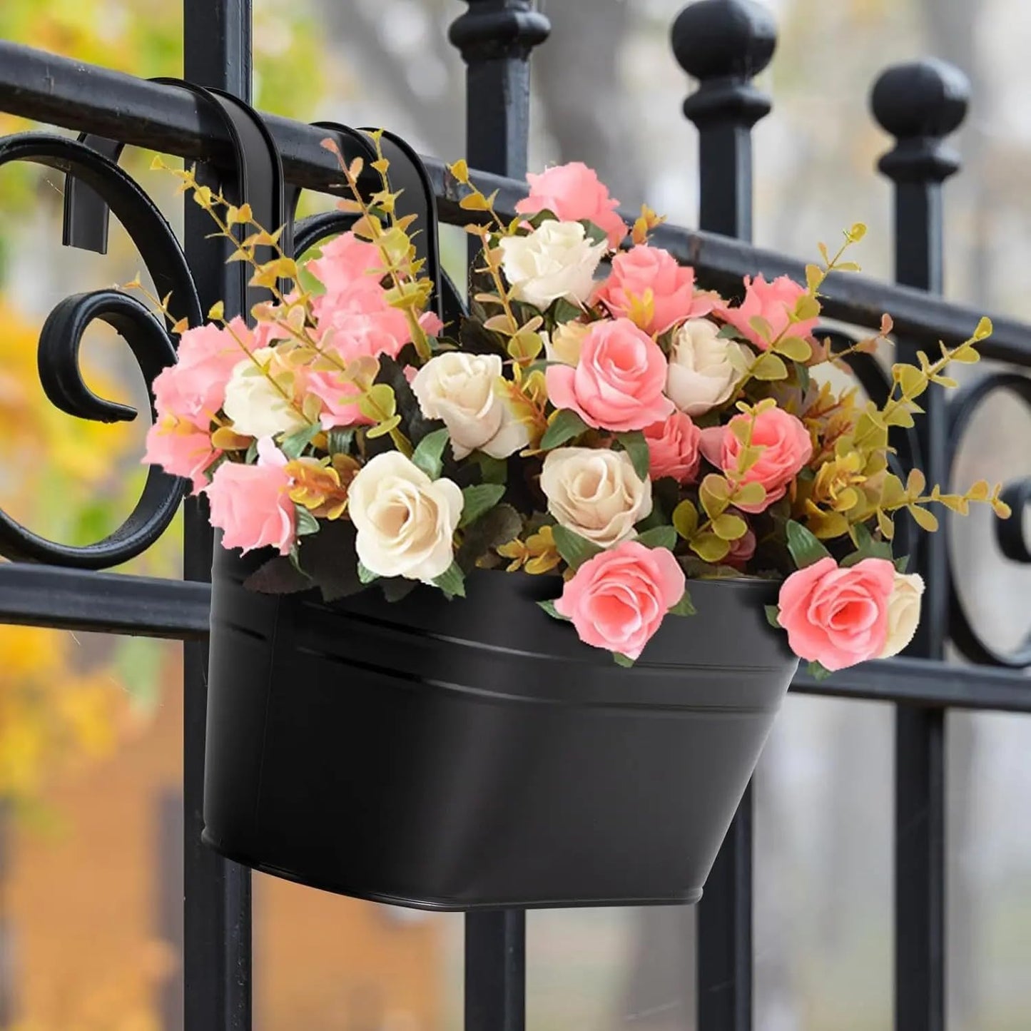 Quintathletic 3PCS Metal Wrought Hanging Decorative Flower Pot Rack Suitable for Outdoor Railing Fence Window Balcony with Removable Hook