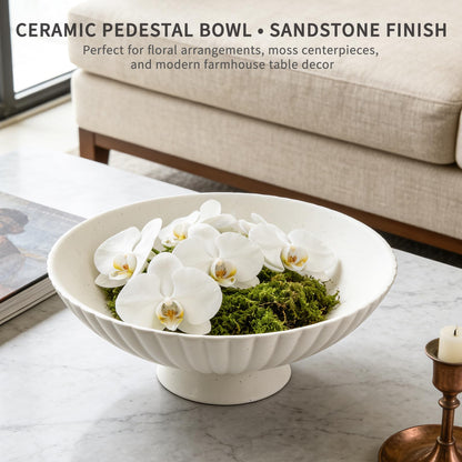 Afadorable 10 Inch Handmade Large Matte White Fluted Ceramic Pedestal Bowl, Decorative Fruit Bowl with Sandstone Speckles – Modern Farmhouse Centerpiece for Kitchen Counter, Entryway & Dining Table