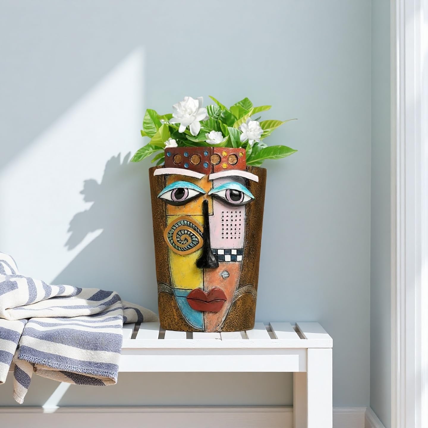 Yhupl Picasso Abstract Face Flower Pot,Plant Pot with Facial Expressions,Handmade Resin Plant Pot with Drainage Holes,for Indoor and Outdoor Botanical Home décor (Brown Small)