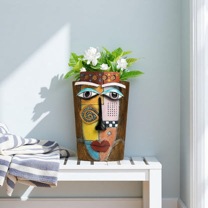 Yhupl Picasso Abstract Face Flower Pot,Plant Pot with Facial Expressions,Handmade Resin Plant Pot with Drainage Holes,for Indoor and Outdoor Botanical Home décor (Brown Small)