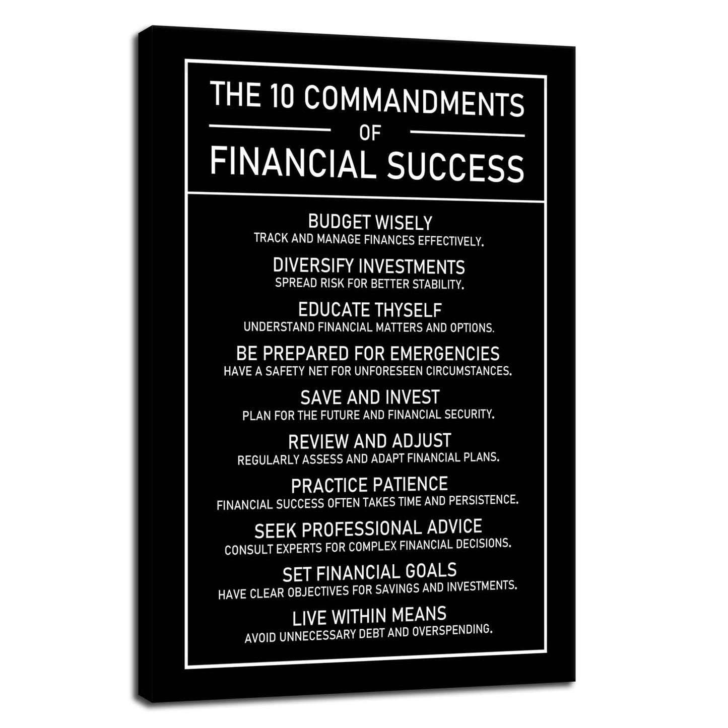 The 10 Commandments Of Financial Success Motivational Wall Art Inspirational Financial Management Quote Canvas Poster Painting Prints for Office Living Room Home Decor Framed Artwork [12''W x 18''H]