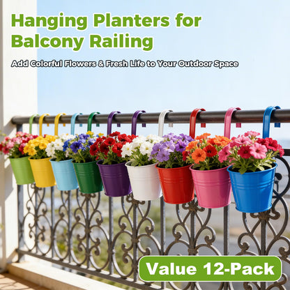 12 Pack Balcony Planters Railing Hanging, Colorful Railing Planter 4 Inches Small Hanging Plant Holder Indoor/Outdoor