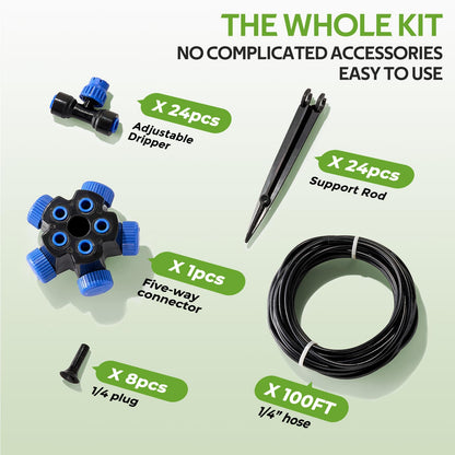HIRALIY 100FT Garden Watering System, Automatic Drip Irrigation Kit with Adjustable Flow Nozzles, 5-Way Connector, Plastic Material, Modern Style, Ideal for Lawn, Patio, Garden, Raised Bed