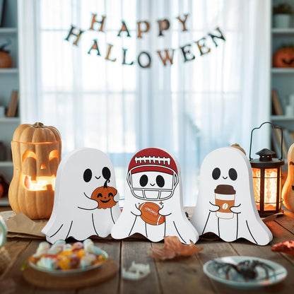 Geelin 3 Pcs Halloween Coffee Bar Ghost Decor Cute Halloween Kitchen Decorations Coffee Bar Wooden Tiered Tray Table Sign Football Pumpkin Tabletop Centerpiece for Home Office Freshly Shelf Display
