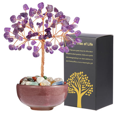 Amethyst Crystal Tree with Ceramic Base,Natural Gemstone Feng Shui Money Tree for Wealth,Good Luck & Positive Energy,Handmade 5 Inch Healing Abundance Bonsai for Home Office Decor