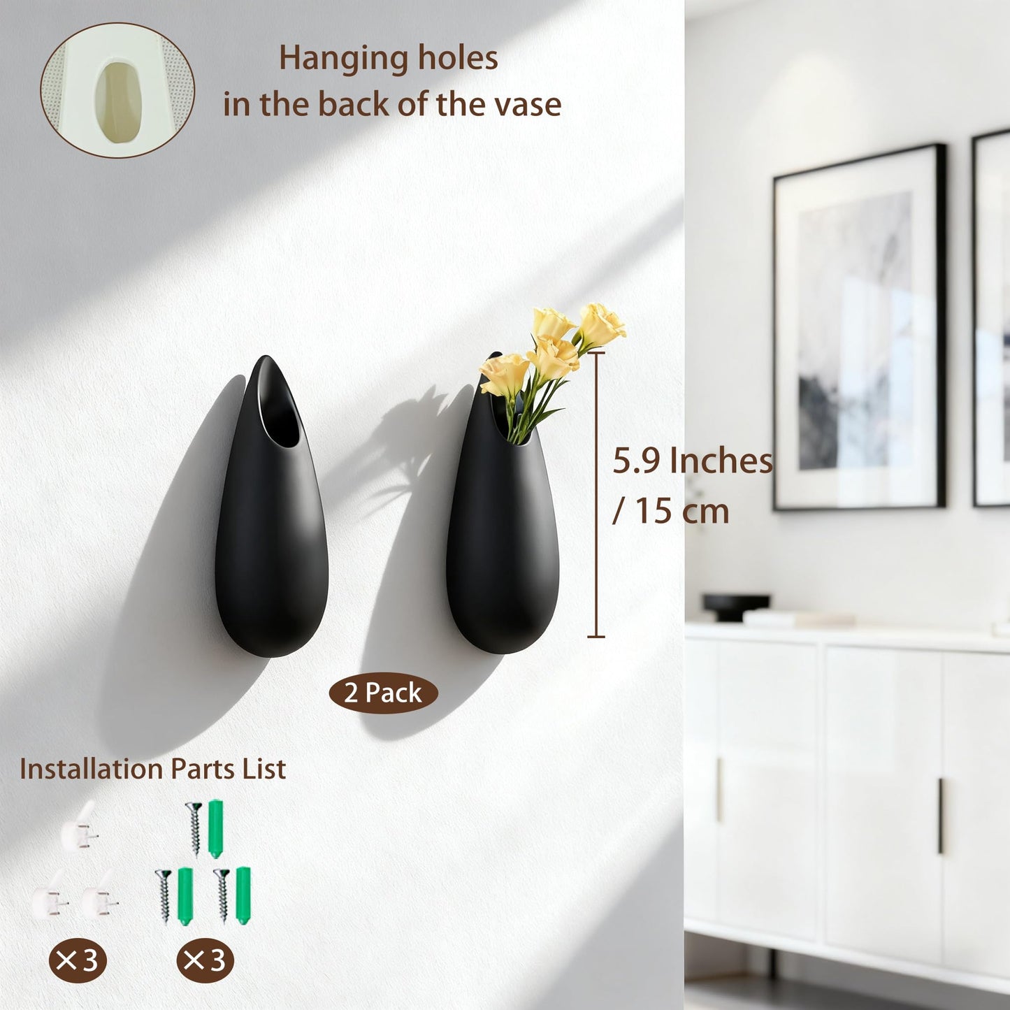 DOCFLVAS Sculptural Wall Ceramic Vase — 2 Pack Black Hanging Sconce Vase | Turn Flowers into Art — Decorative Ceramic Wall Sconce for Single Stem Displays