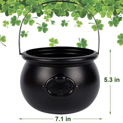 Zcaukya St Patricks Day Coin Pot, 7.4" Black Plastic Cauldron Kittle with Handle, Punch Bowl for Parties, Parade, Carnival, Dressing Accessories, Halloween Trick or Treat, Easter Egg Hunt