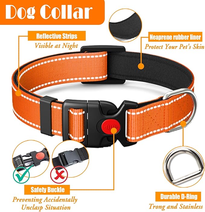 LOBEVE No Pull Dog Harness, Collar & Leash Set | Includes Dog Seat Belt, Collapsible Bowls & Poop Bag Dispenser. Ideal for Training, Walking, Hiking. Fits Small to Large Dogs(Orange-XL)