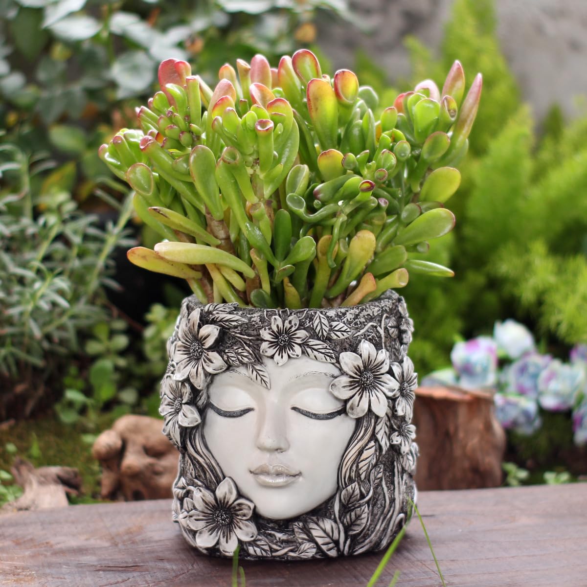 Bohemian Resin Face Planter Pot with Floral Design, Unique Human Head Succulent Pot with Drainage Hole, Weatherproof Lady Face Vase for Indoor Home, Outdoor Garden, Balcony & Desktop Greenery Decor