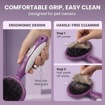 Round Bristle Pet Brush for Dogs and Cats - Soft Dog Brush for Grooming Short or Long Hair - Gentle Tool for Sensitive Skin Removes Dander, Dirt, and Detangles (Purple)