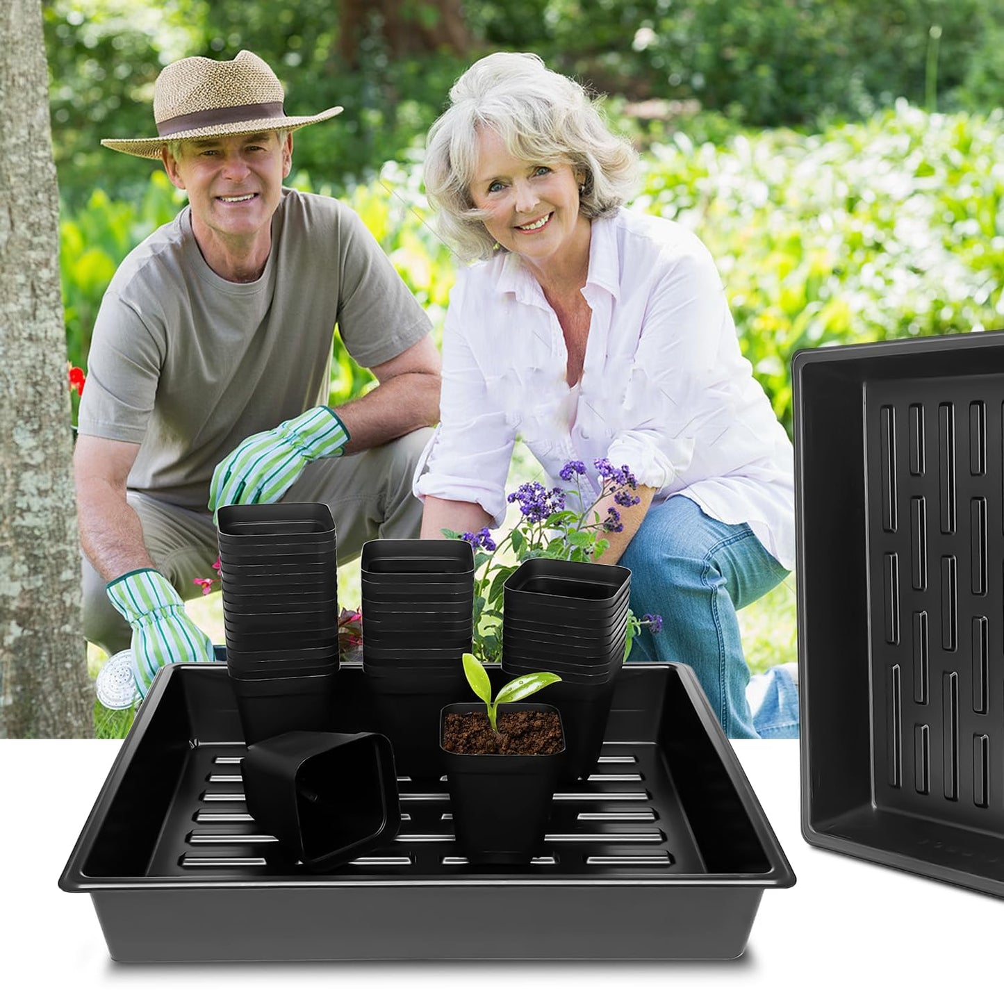 RooTrimmer 3.5 inch (9CM) Square Nursery Pots 60pcs, Sturdy Seedlings Trays 5 Pcs, Seeds Starter Germination Tray, Microgreenings Planter Nursery Propagation 5 Sets