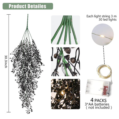 RECUTMS 2.5ft Artificial Hanging Plant with 30LED Lights Ferns Artificial Plants Large Faux Greenery Ivy 4pcs for Home Living Room House Wall Window Porch Office Wedding Decor (Black)