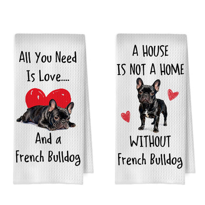 XIVENHAVM French Bulldog Kitchen Towels Set - French Bulldog Gifts for Women Decorative Waffle Dish Towels, Funny Frenchie Gift Hand Towels, Hostess Gifts Tea Towel, 16x24 Inch Set of 2